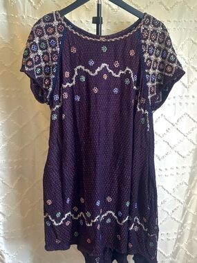 Free People In The Clouds Beaded Tunic Mini Dress Navy Combo Medium Boho